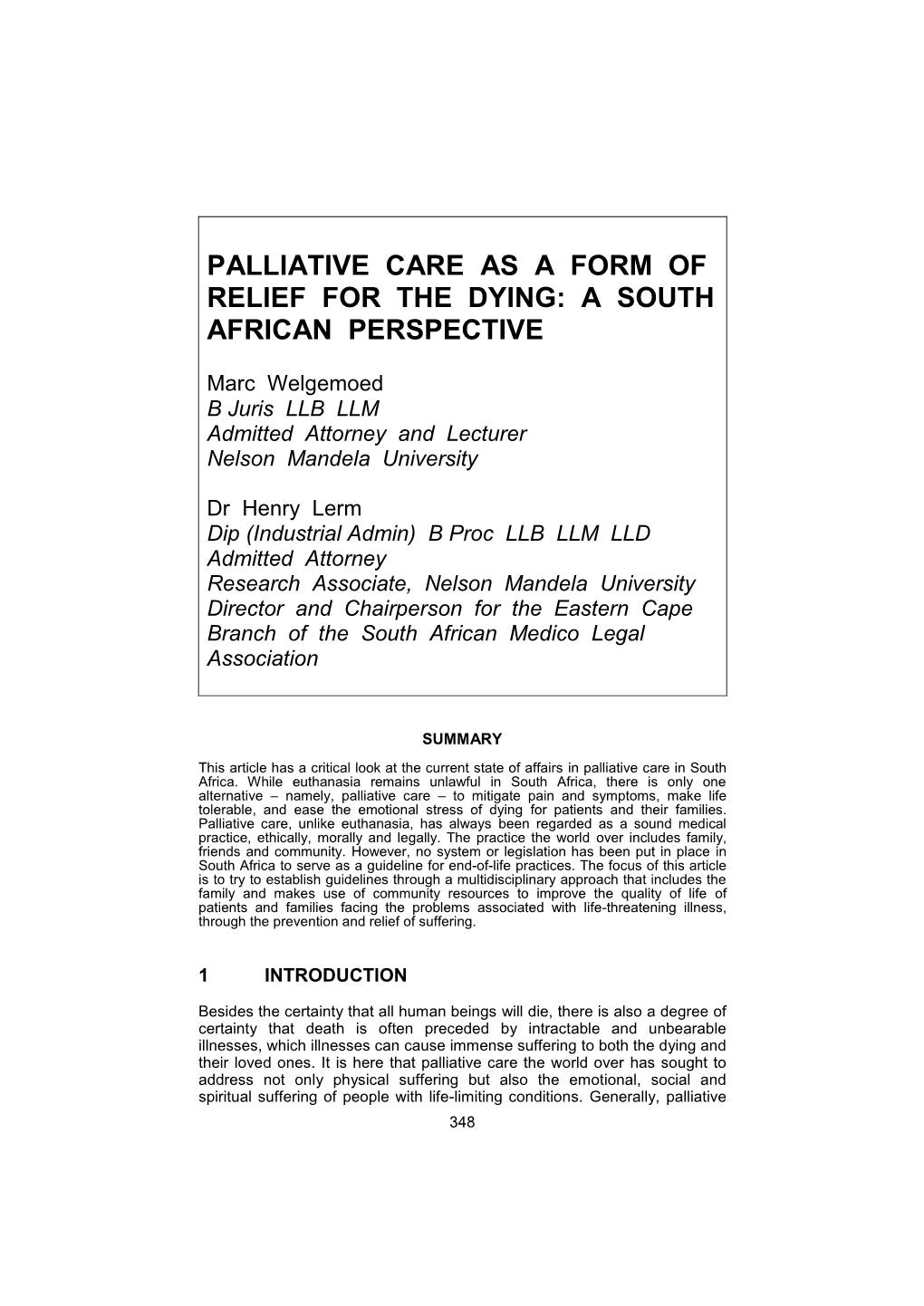 Palliative Care As a Form of Relief for the Dying: a South African Perspective