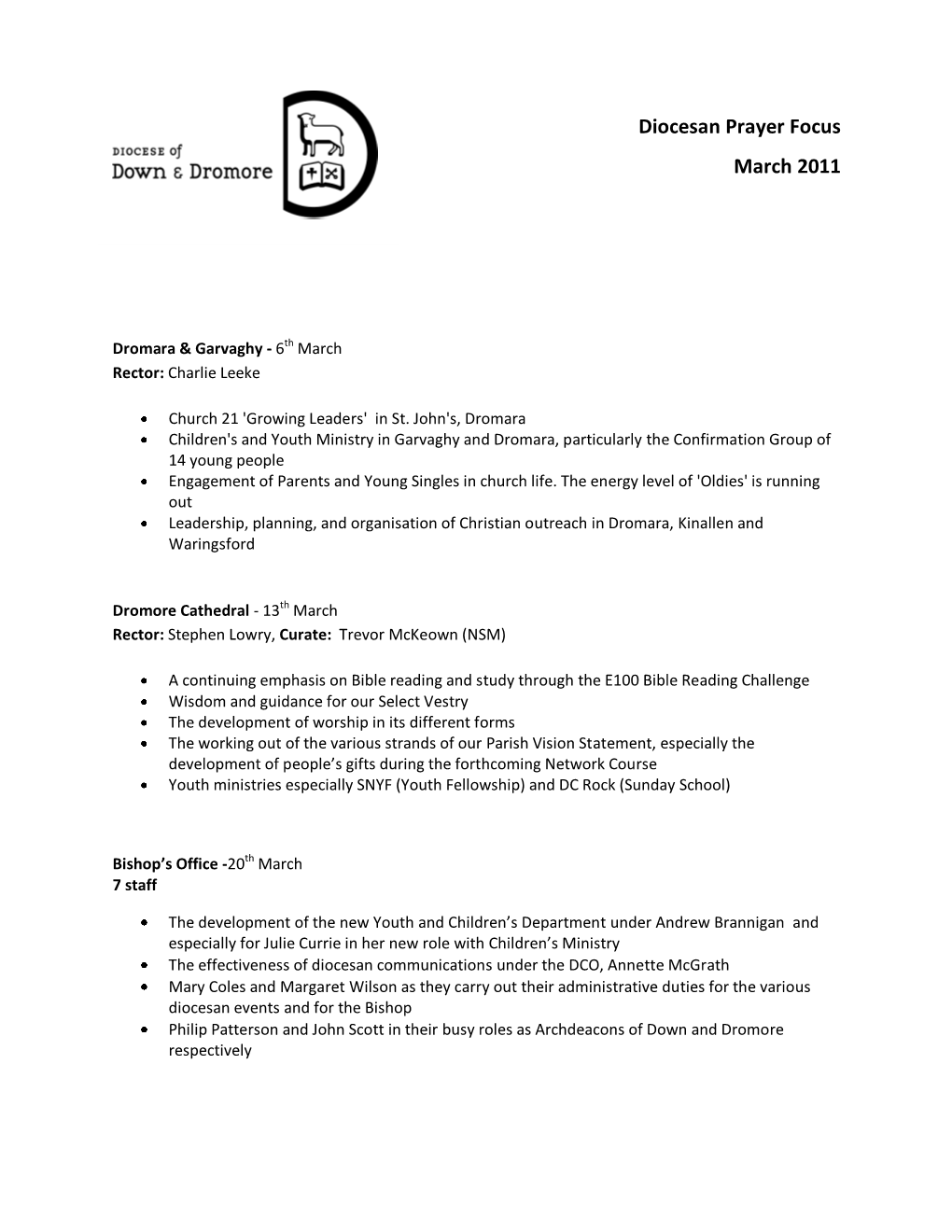 Diocesan Prayer Focus March 2011