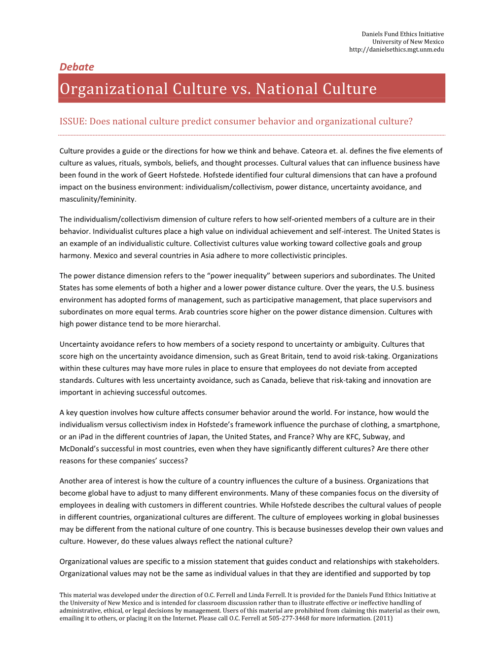 Organizational Culture Vs. National Culture