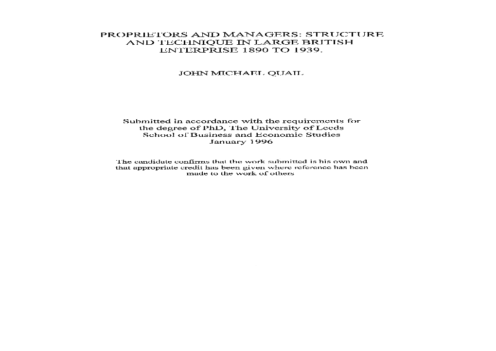 Proprietors and Managers: Structure and Technique in Large British Enterprise 1890 to 1939