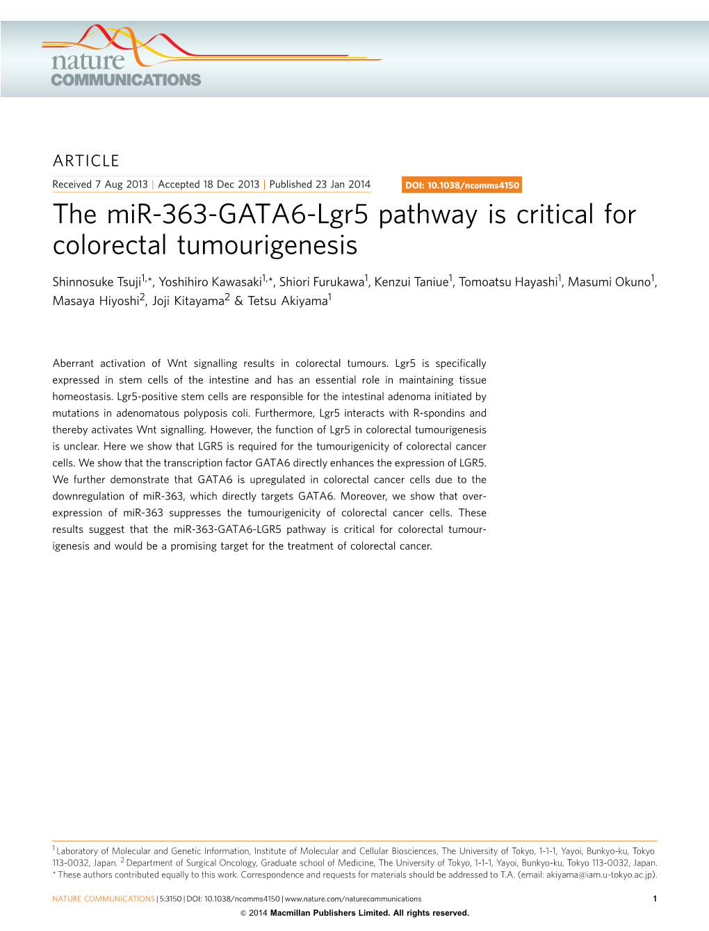 The Mir-363-GATA6-Lgr5 Pathway Is Critical for Colorectal Tumourigenesis