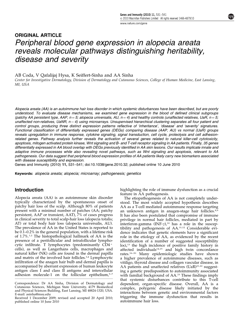 Peripheral Blood Gene Expression in Alopecia Areata Reveals Molecular Pathways Distinguishing Heritability, Disease and Severity