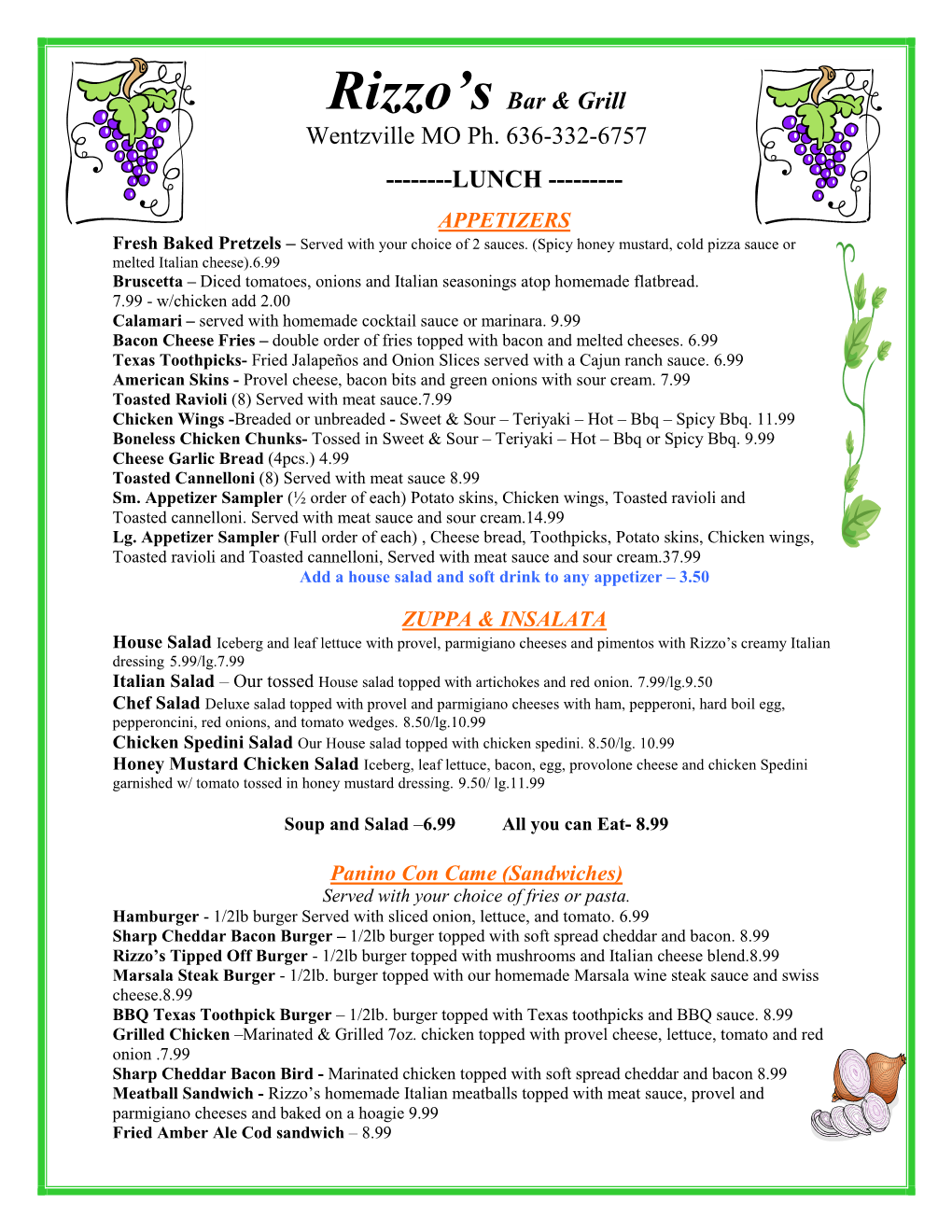 Rizzo's Bar & Grill Seasonal Menu