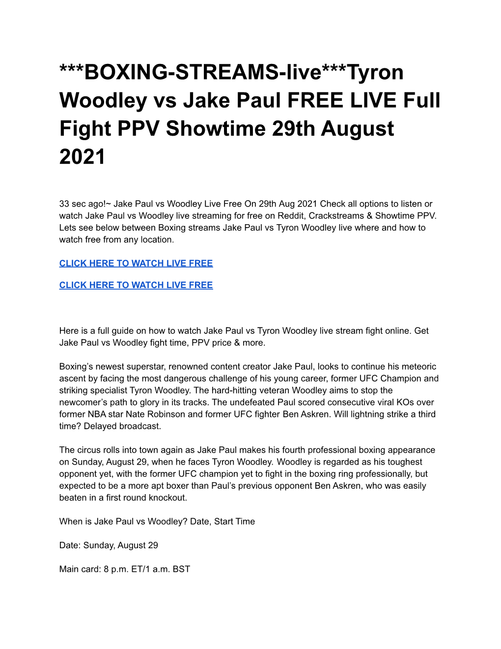 BOXING-STREAMS-Live***Tyron Woodley Vs Jake Paul FREE LIVE Full Fight PPV Showtime 29Th August 2021