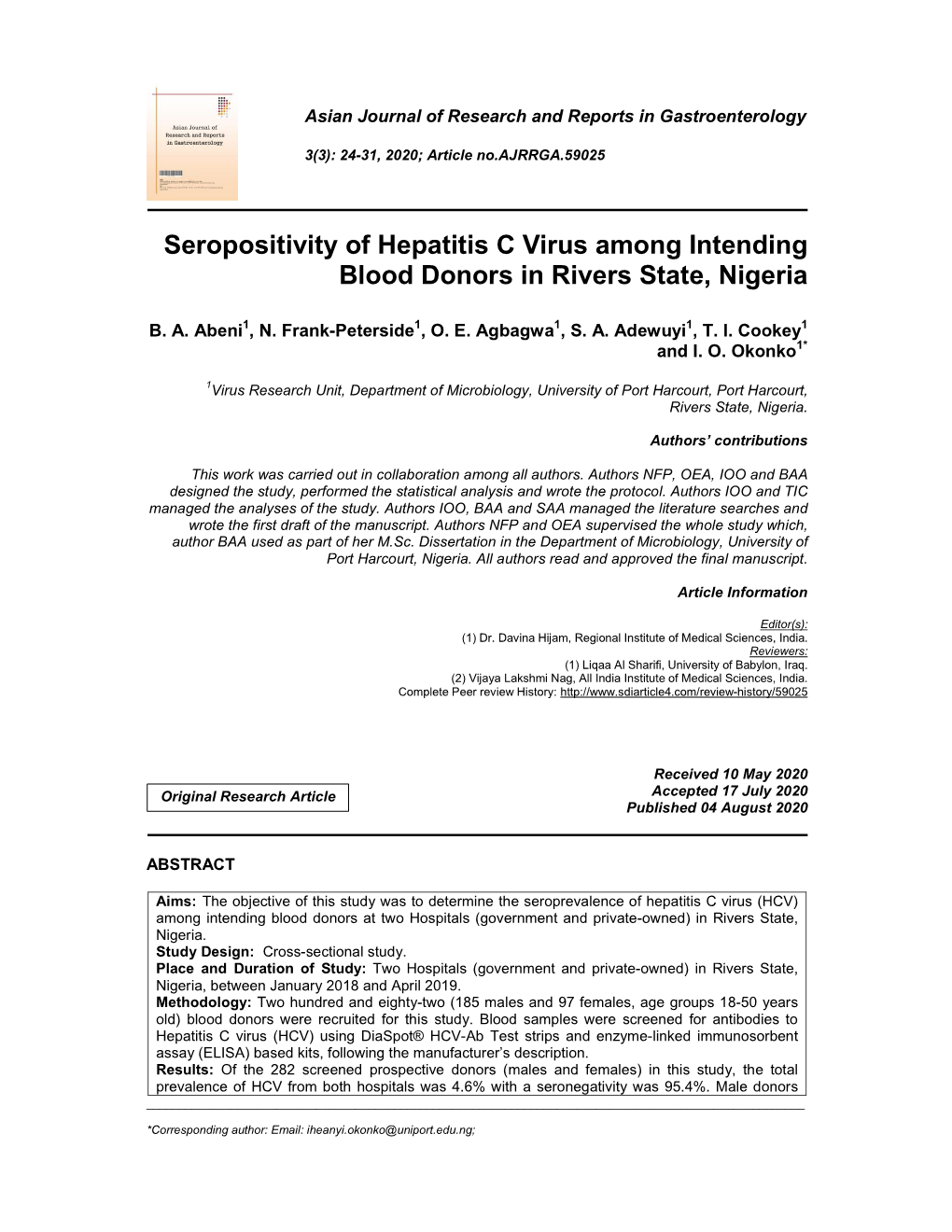 Seropositivity of Hepatitis C Virus Among Intending Blood Donors in Rivers State, Nigeria