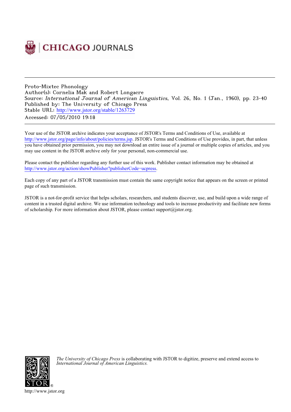 Proto-Mixtec Phonology Author(S): Cornelia Mak and Robert Longacre Source: International Journal of American Linguistics, Vol