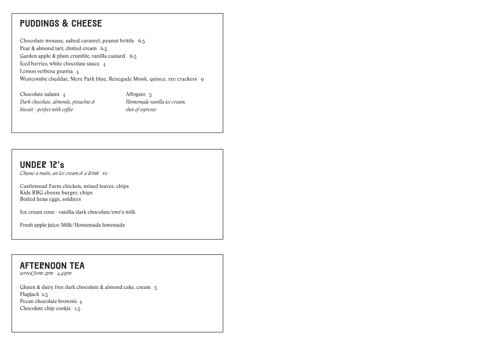 PUDDINGS & CHEESE UNDER 12'S AFTERNOON