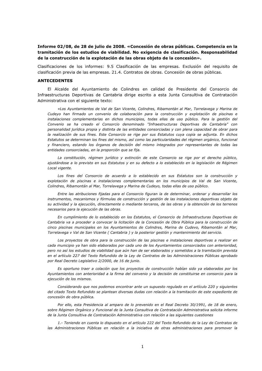 Informe 02/08, De 28 De Julio De 2008. «Concesión De Obras Públicas