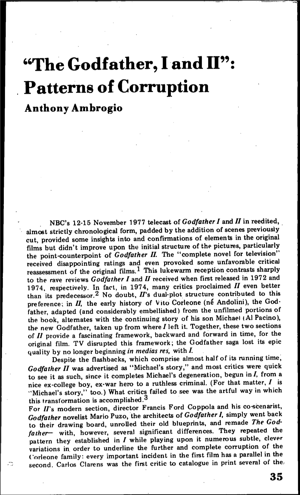 "The Godfather, I and II": Patterns of Corruption Anthony Ambrogio