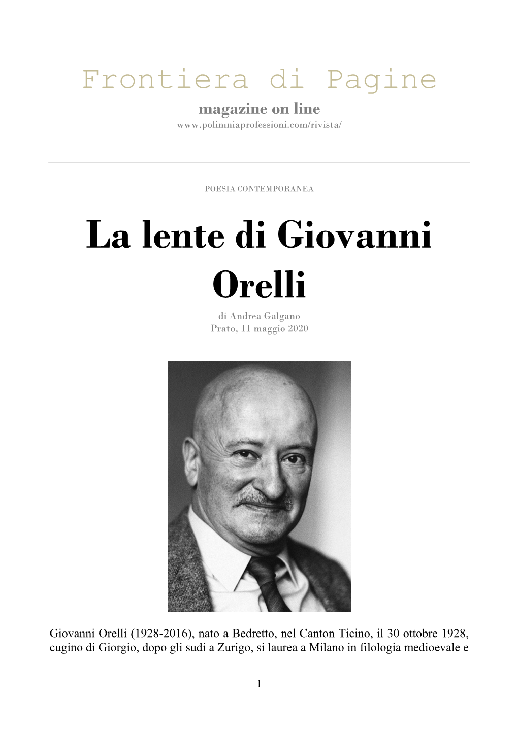 La Lente Di Giovanni Orelli Di Andrea Galgano Prato, 11 Maggio 2020