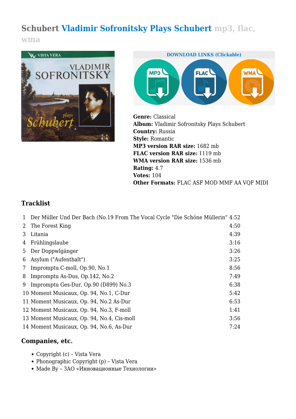 Vladimir Sofronitsky Plays Schubert Mp3, Flac, Wma