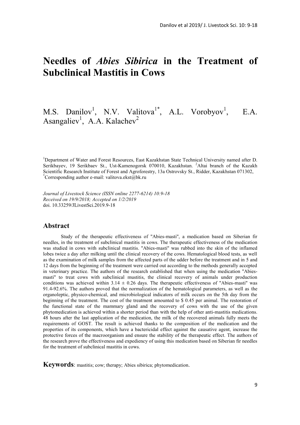 Needles of Abies Sibirica in the Treatment of Subclinical Mastitis in Cows