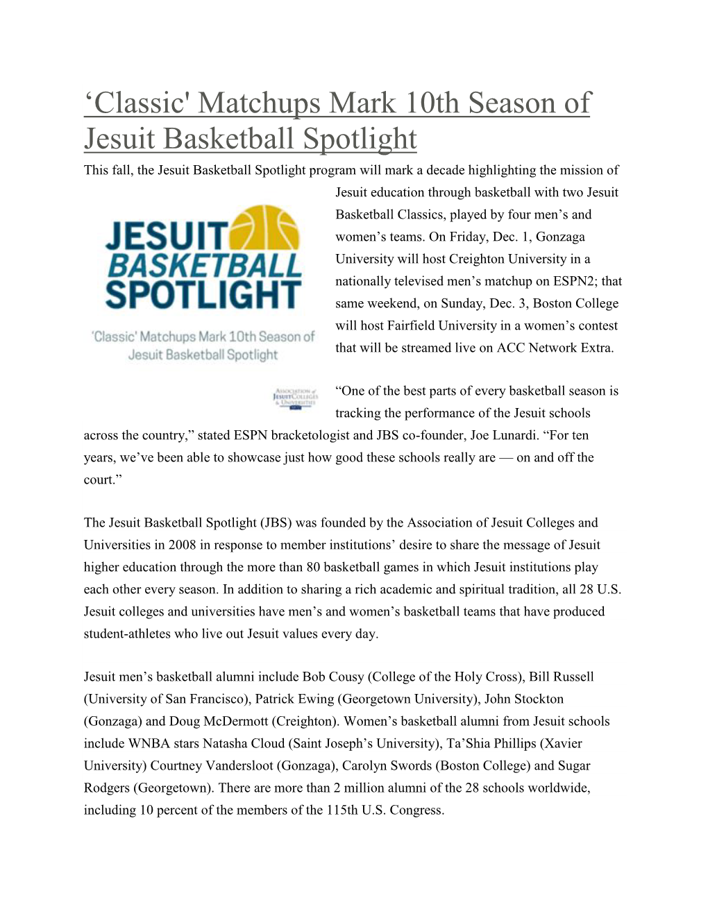 Matchups Mark 10Th Season of Jesuit Basketball Spotlight