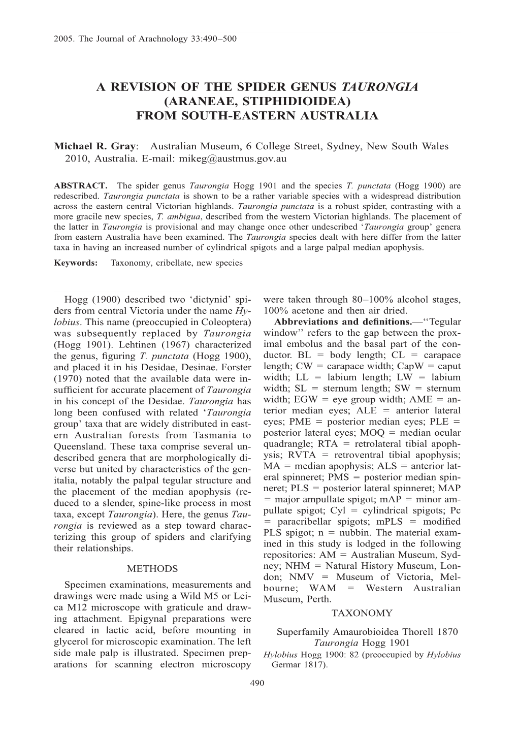 A Revision of the Spider Genus Taurongia (Araneae, Stiphidioidea) from South-Eastern Australia