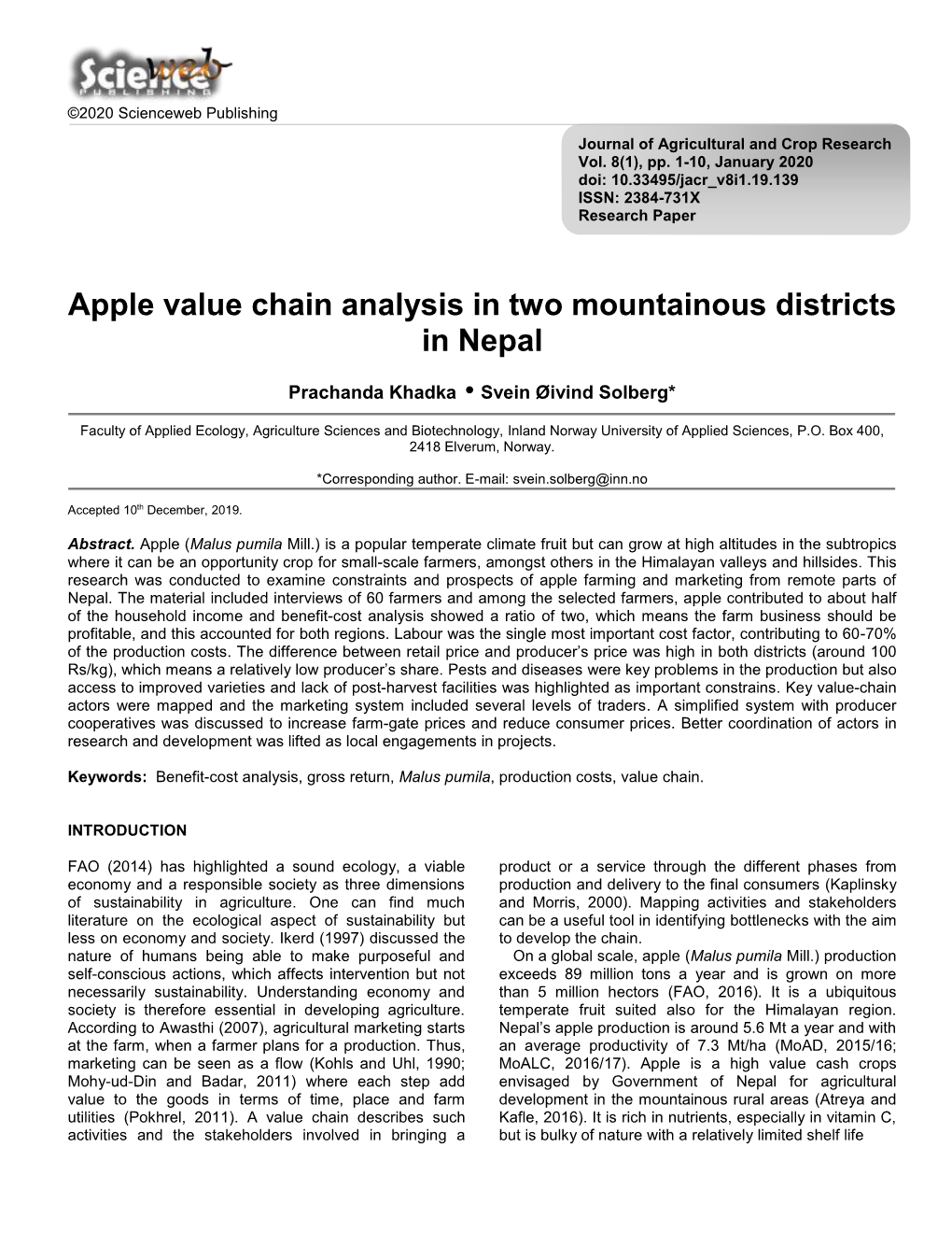 Apple Value Chain Analysis in Two Mountainous Districts in Nepal