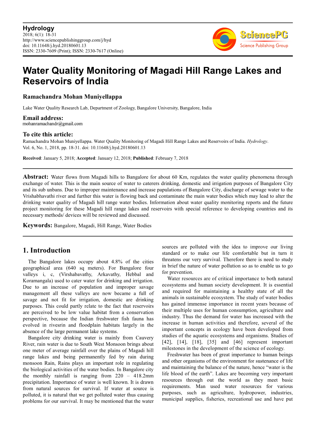 Water Quality Monitoring of Magadi Hill Range Lakes and Reservoirs of India