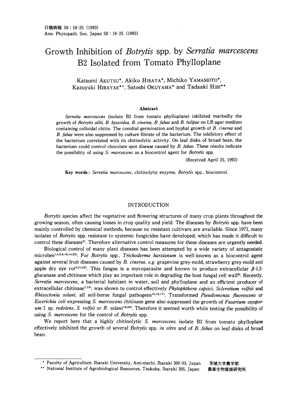 Growth Inhibition of Botrytis Spp. by Serratia Marcescens B2 Isolated from Tomato Phylloplane