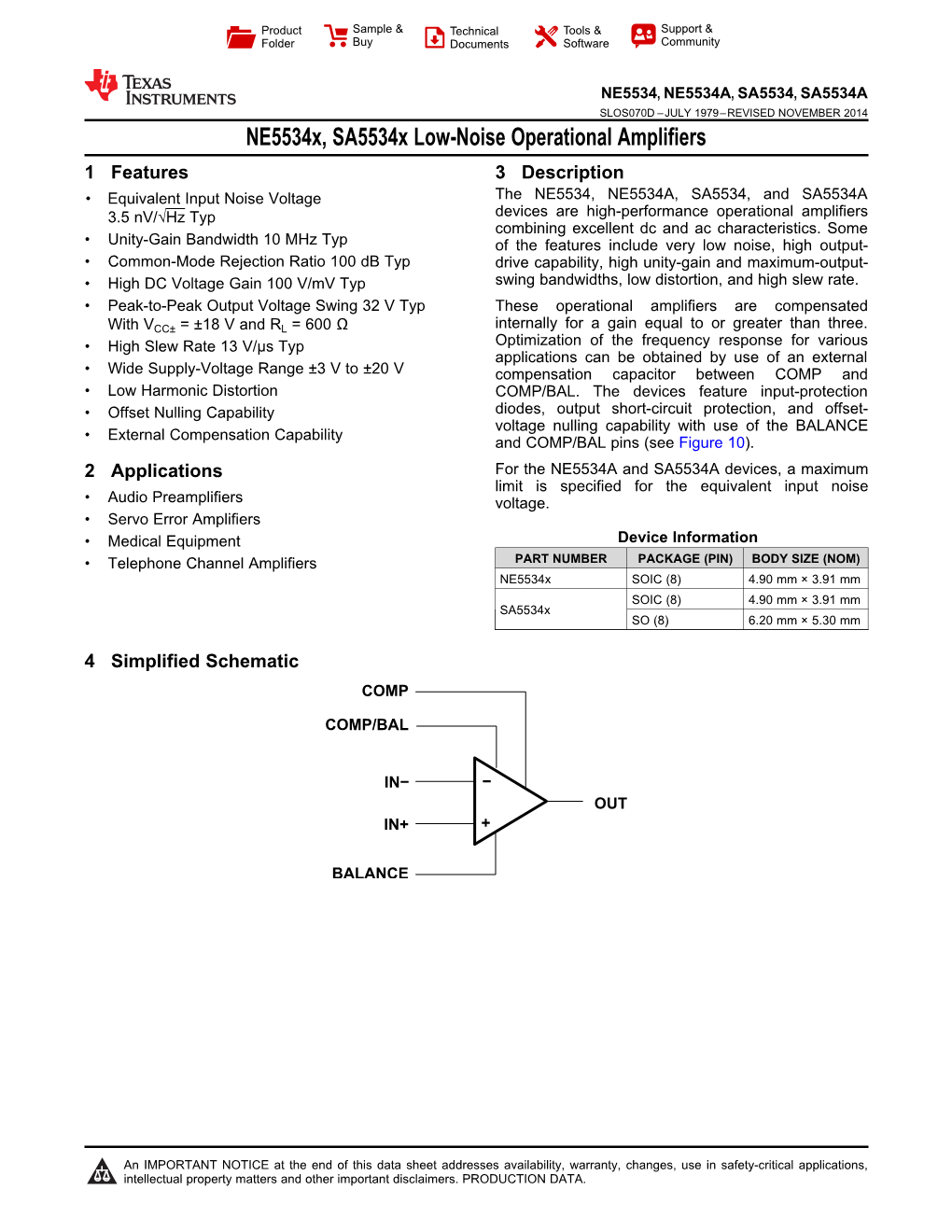 Ne5534x, Sa5534x Low-Noise Operational Amplifiers Datasheet (Rev. D)