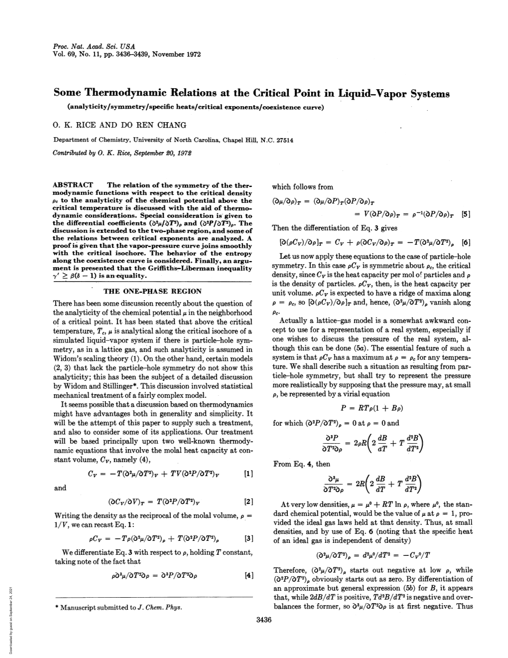 Some Thermodynamic Relations at the Critical Point in Liquid-Vapor Systems (Analyticity/Symmetry/Specific Heats/Critical Exponents/Coexistence Curve) 0