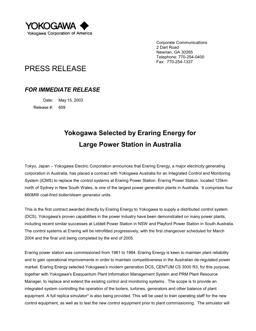Yokogawa Selected by Eraring Energy for Large Power Station in Australia
