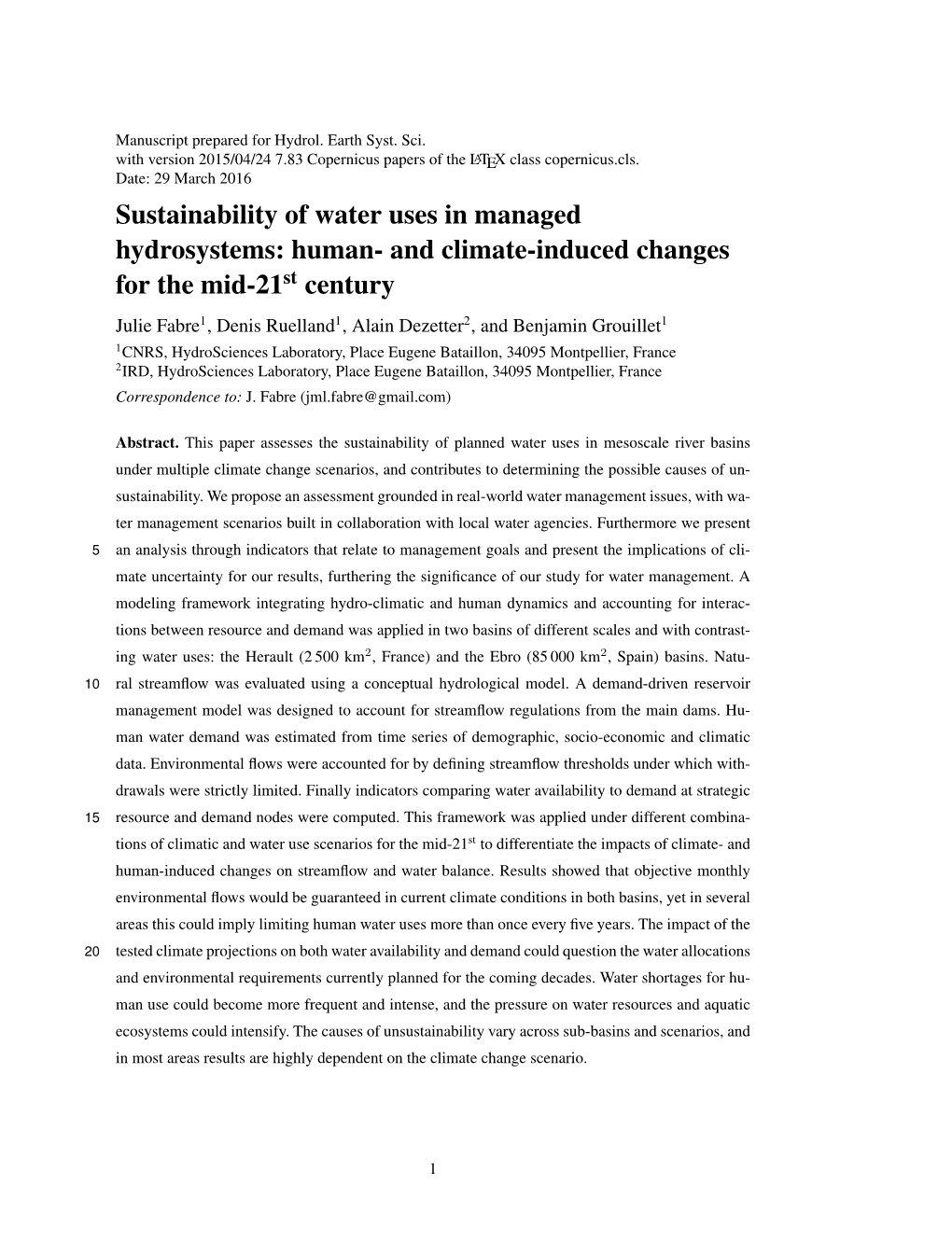 Sustainability of Water Uses in Managed Hydrosystems: Human