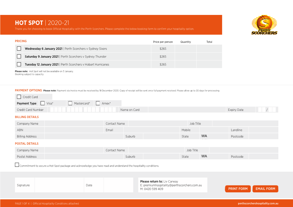 HOT SPOT | 2020-21 Thank You for Choosing to Book Official Hospitality with the Perth Scorchers