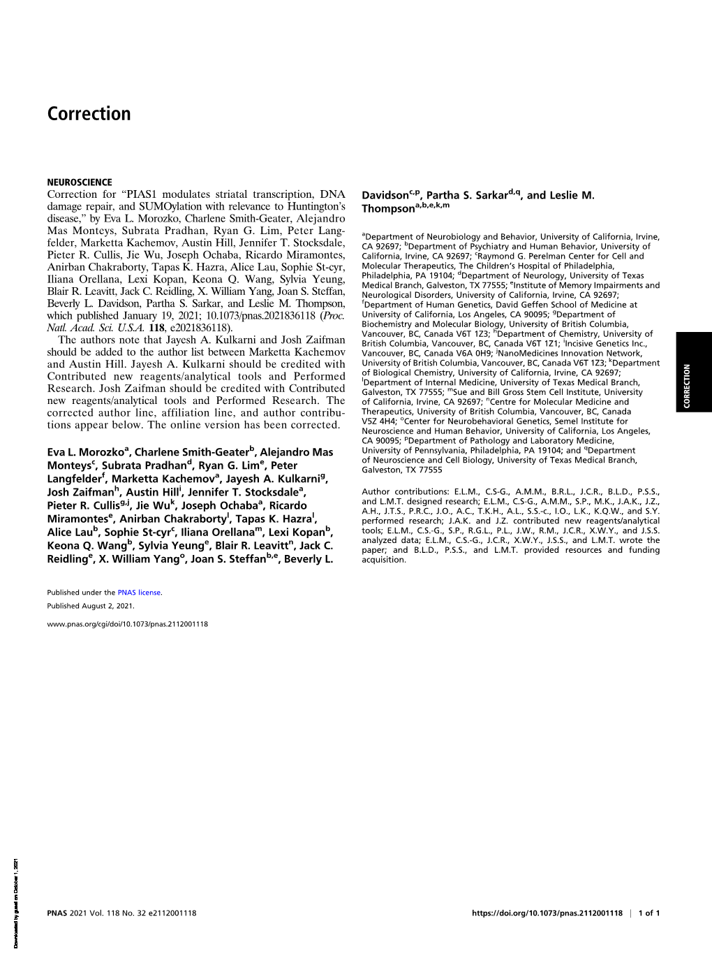 Correction for Morozko Et Al., PIAS1 Modulates Striatal Transcription, DNA Damage Repair, and Sumoylation with Relevance to Hunt