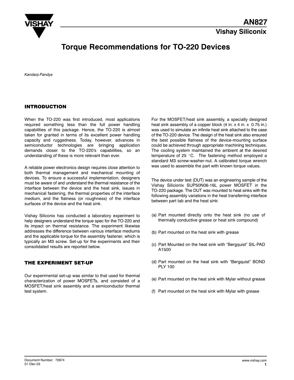 AN827 Torque Recommendations for TO-220 Devices