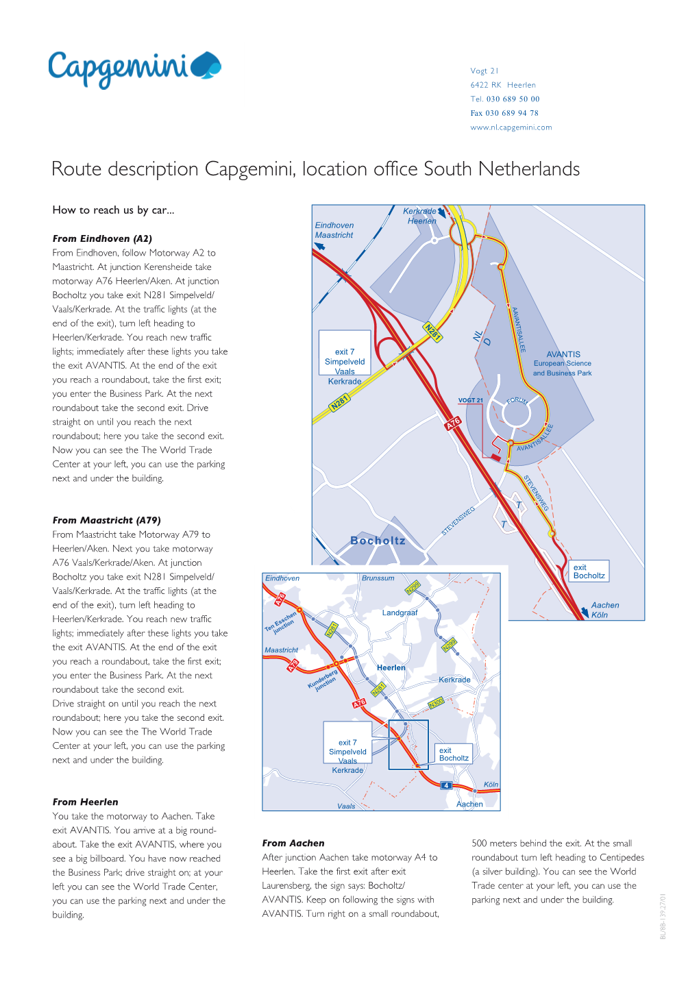 Route Description Capgemini, Location Office South Netherlands