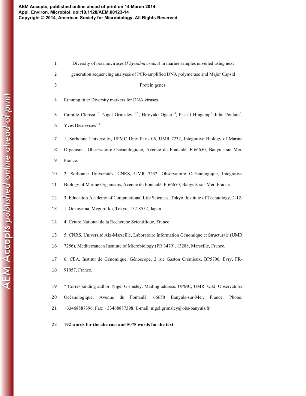 Diversity of Prasinoviruses (Phycodnaviridae) in Marine Samples Unveiled Using Next