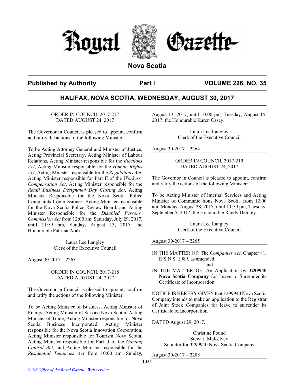 NS Royal Gazette Part I