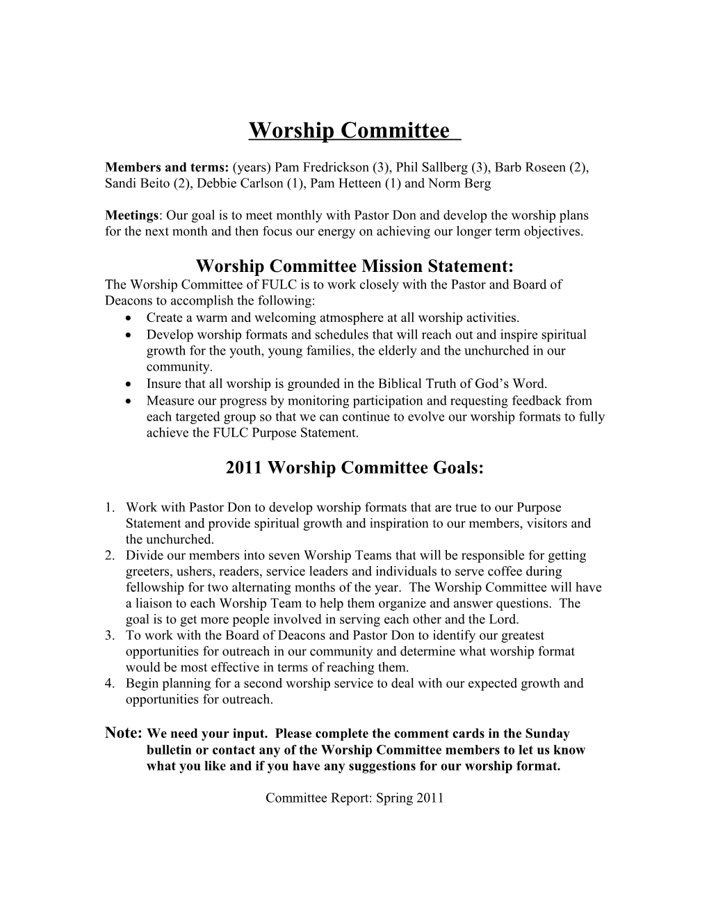 Worship Committee Mission Statement