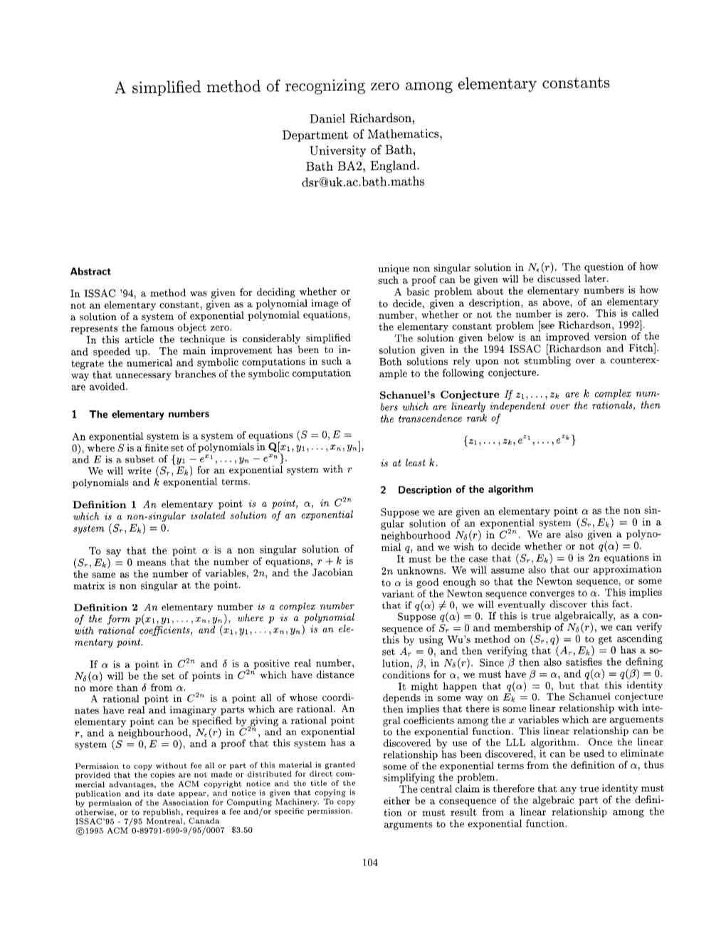 A Simplified Method of Recognizing Zero Among Elementary Constants