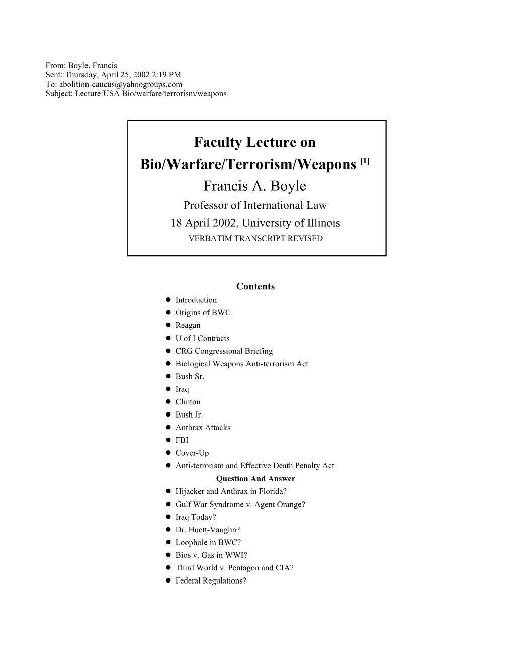 Francis Boyle 4/02 Lecture on USA Bio/Warfare/Terrorism/Weapons