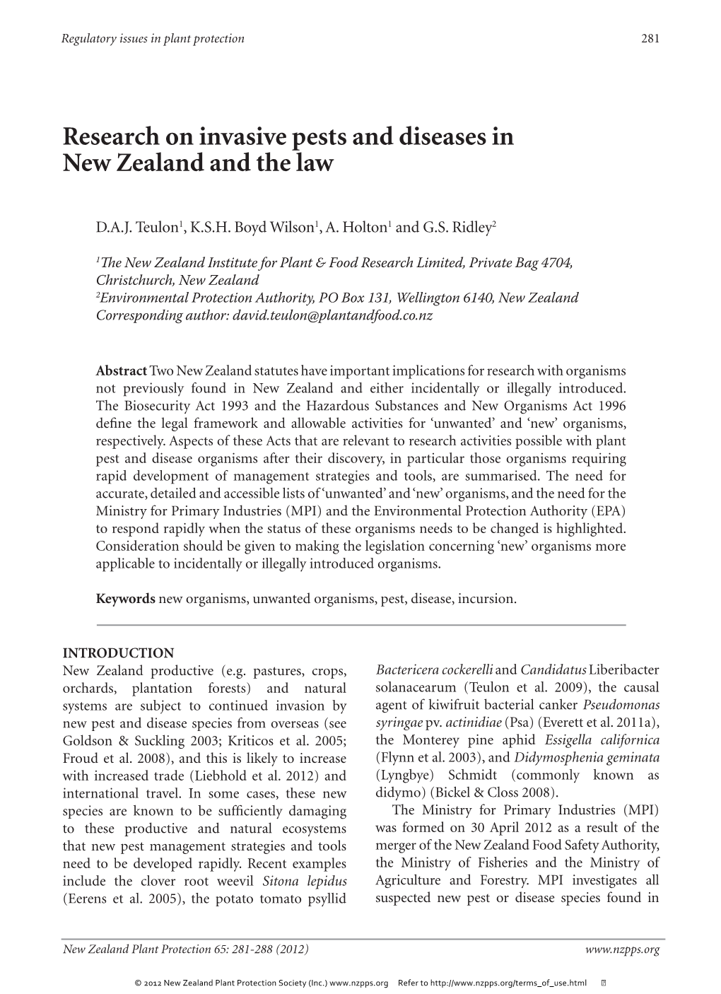 Research on Invasive Pests and Diseases in New Zealand and the Law