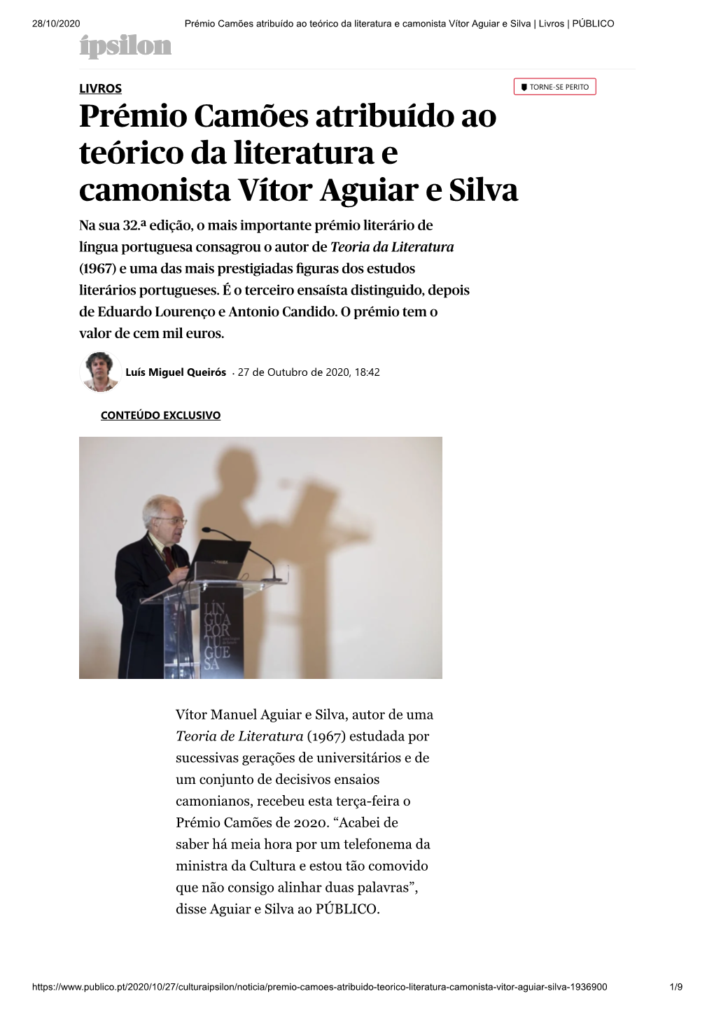 Prémio Camões Atribuído Ao Teórico Da Literatura E Camonista Vítor Aguiar E Silva | Livros | PÚBLICO