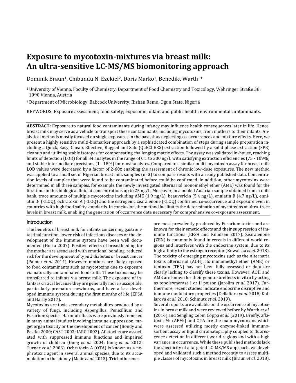 Exposure to Mycotoxin-Mixtures Via Breast Milk: an Ultra-Sensitive LC-MS/MS Biomonitoring Approach Dominik Braun1, Chibundu N