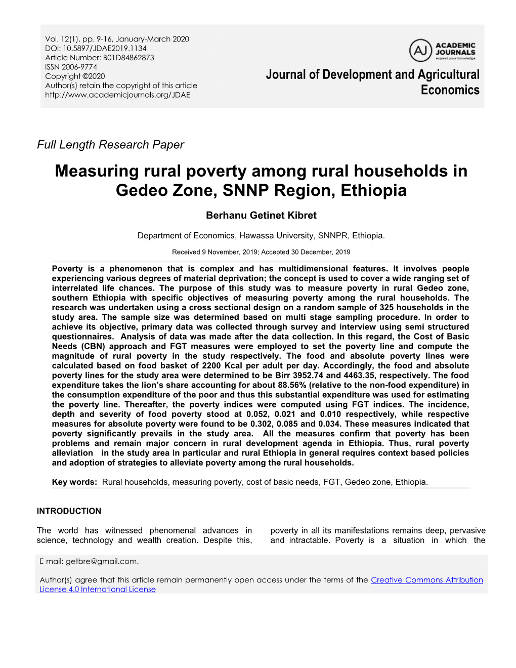 Measuring Rural Poverty Among Rural Households in Gedeo Zone, SNNP Region, Ethiopia