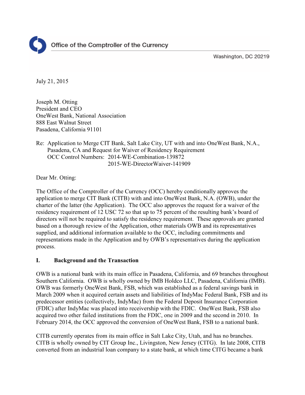 Decision Letter CIT Onewest Merger