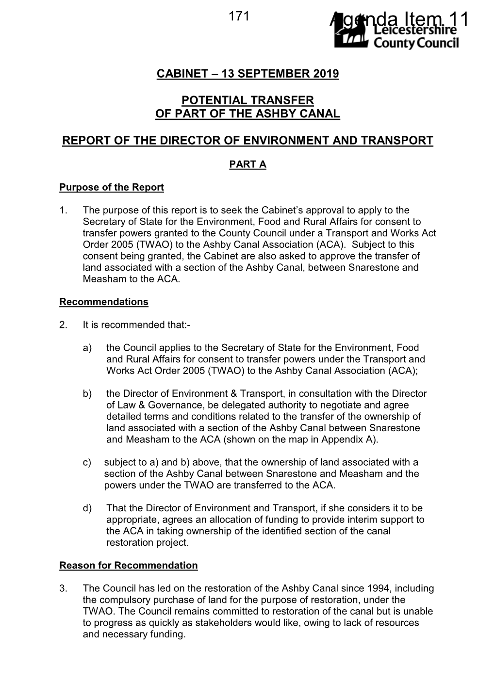 Potential Transfer of Part of the Ashby Canal. PDF 322 KB