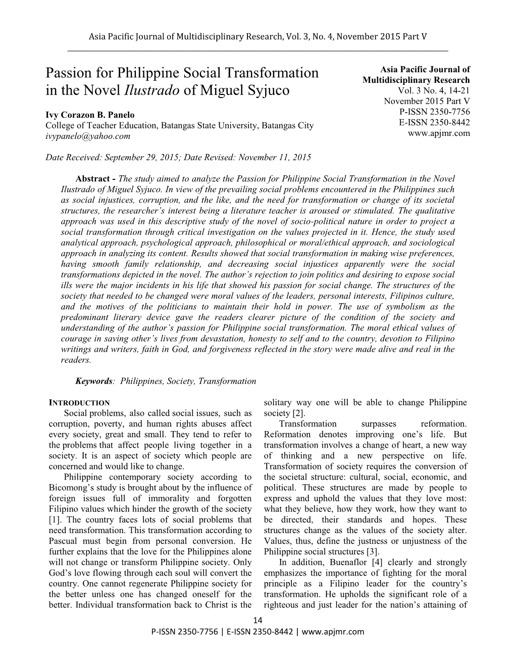 Passion for Philippine Social Transformation in the Novel Ilustrado of Miguel Syjuco