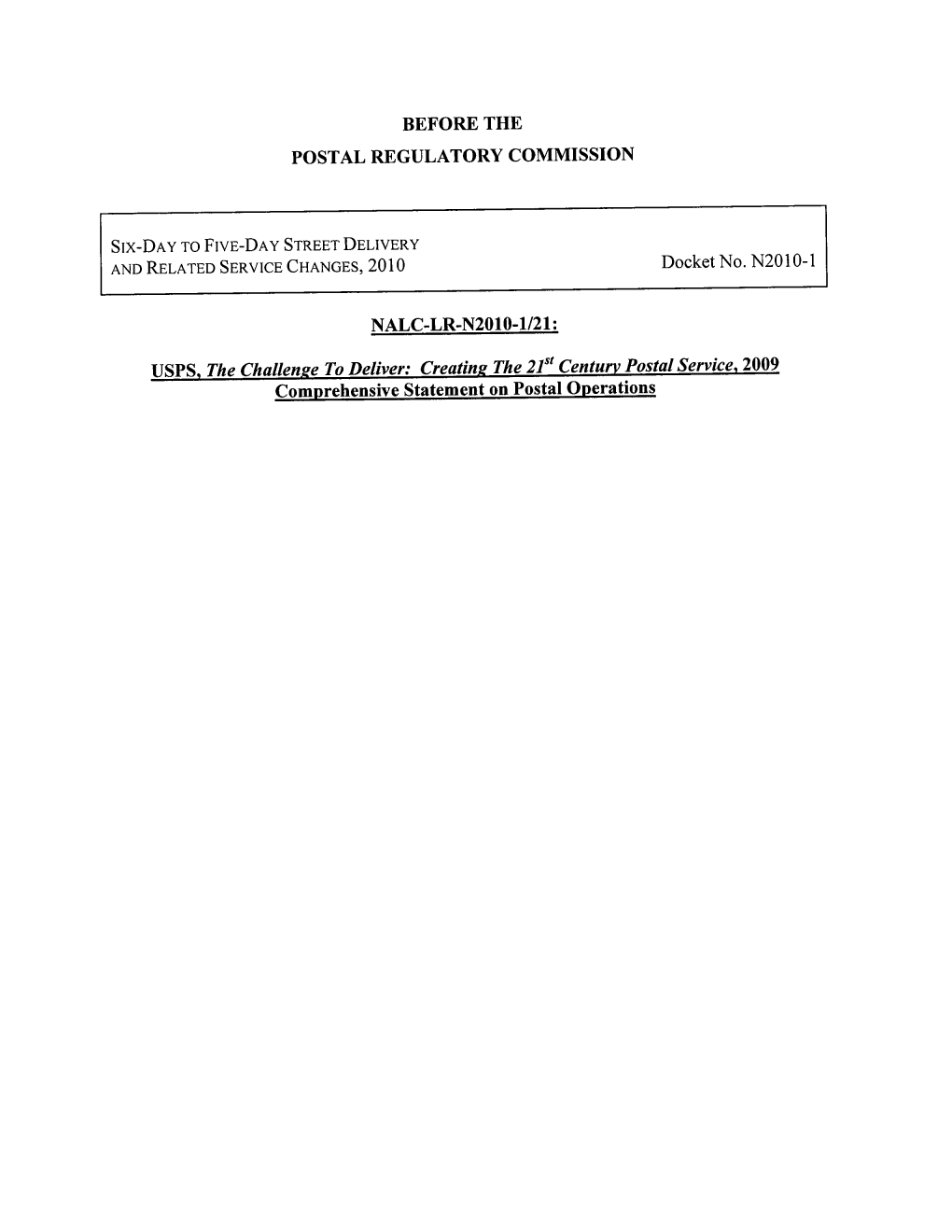 Comprehensive Statement on Postal Operations 2009