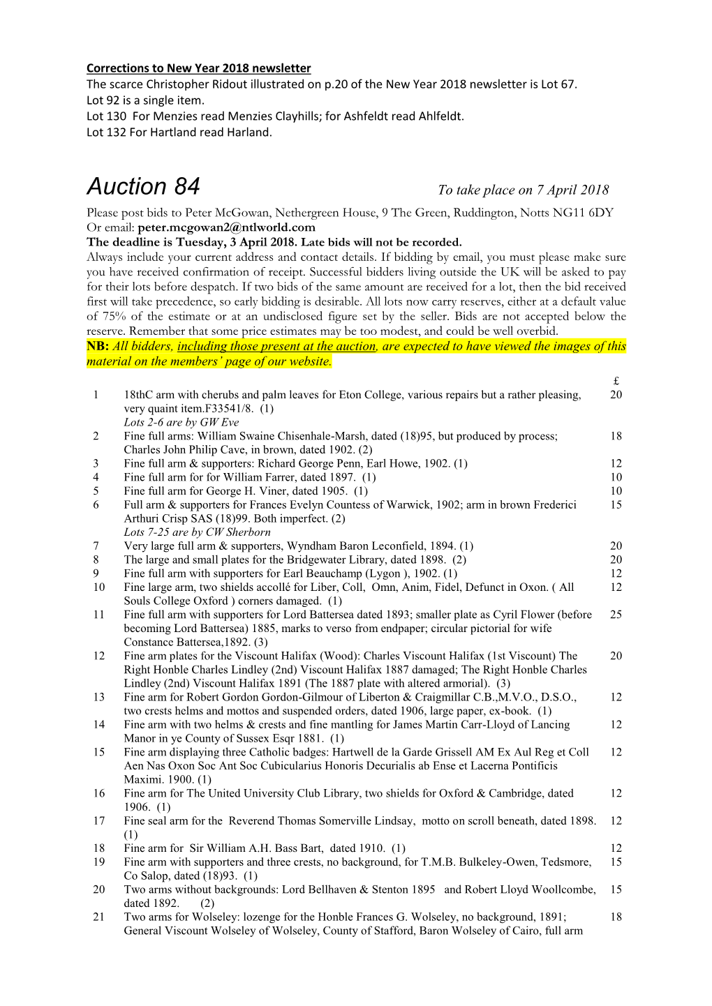 Auction 84 to Take Place on 7 April 2018