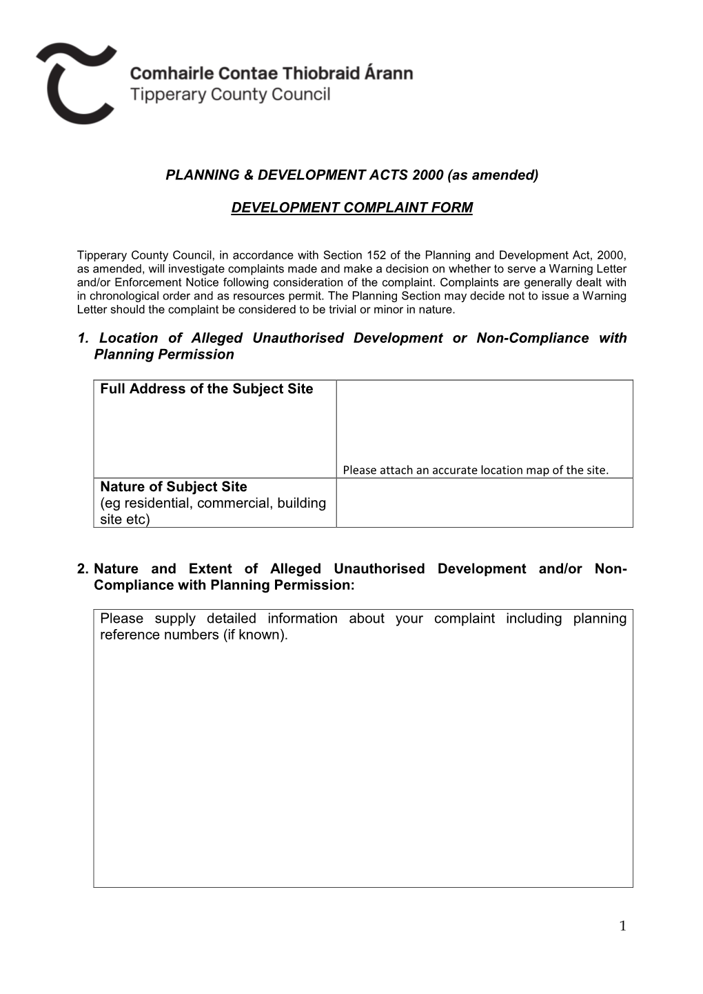 Tipperary County Council Development Complaint Form.Pdf