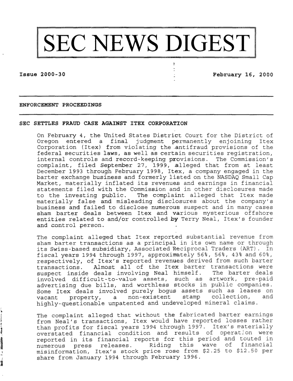 SEC News Digest, 02-16-2000