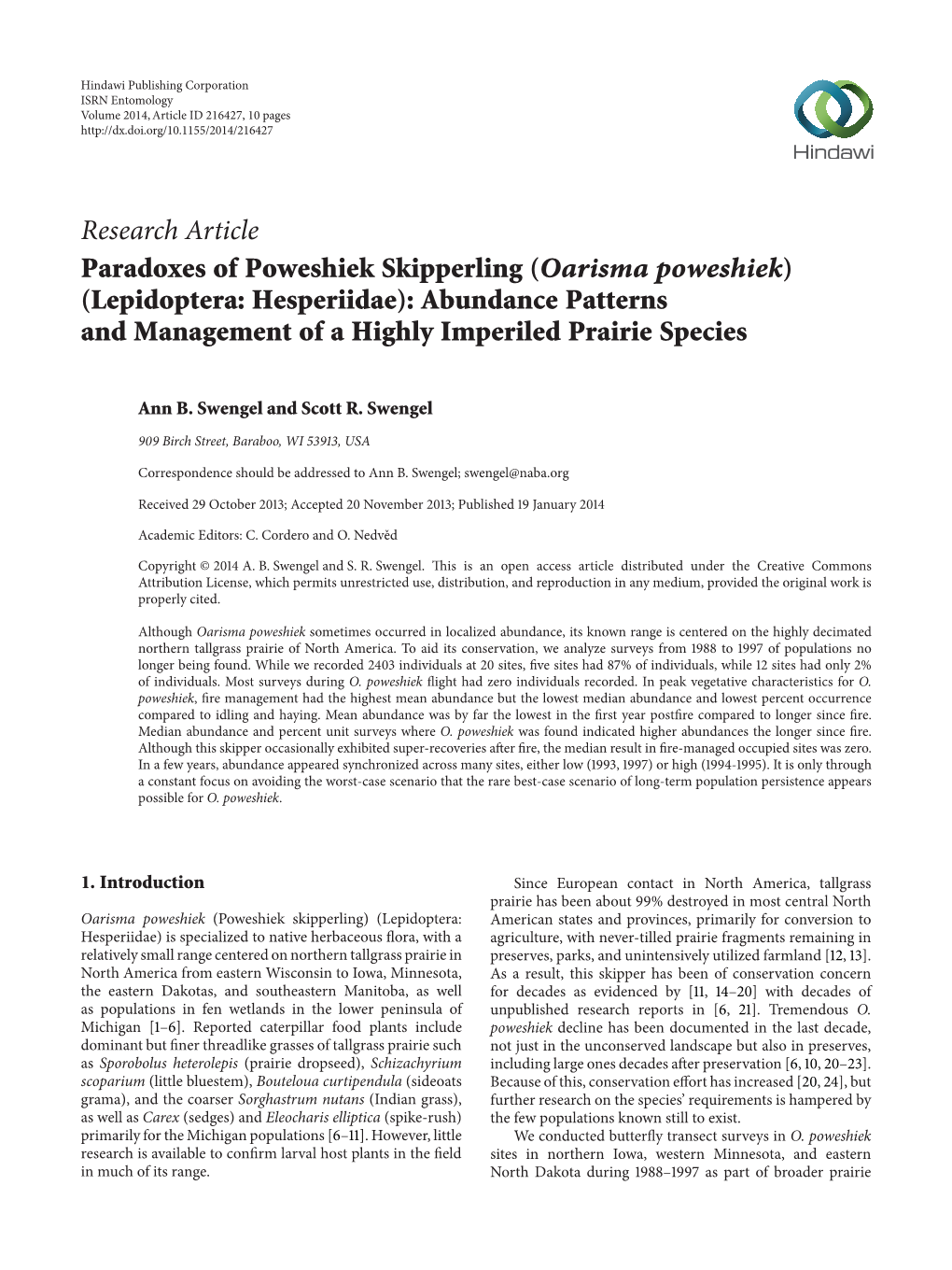 Paradoxes of Poweshiek Skipperling (Oarisma Poweshiek)(Lepidoptera: Hesperiidae): Abundance Patterns and Management of a Highly Imperiled Prairie Species