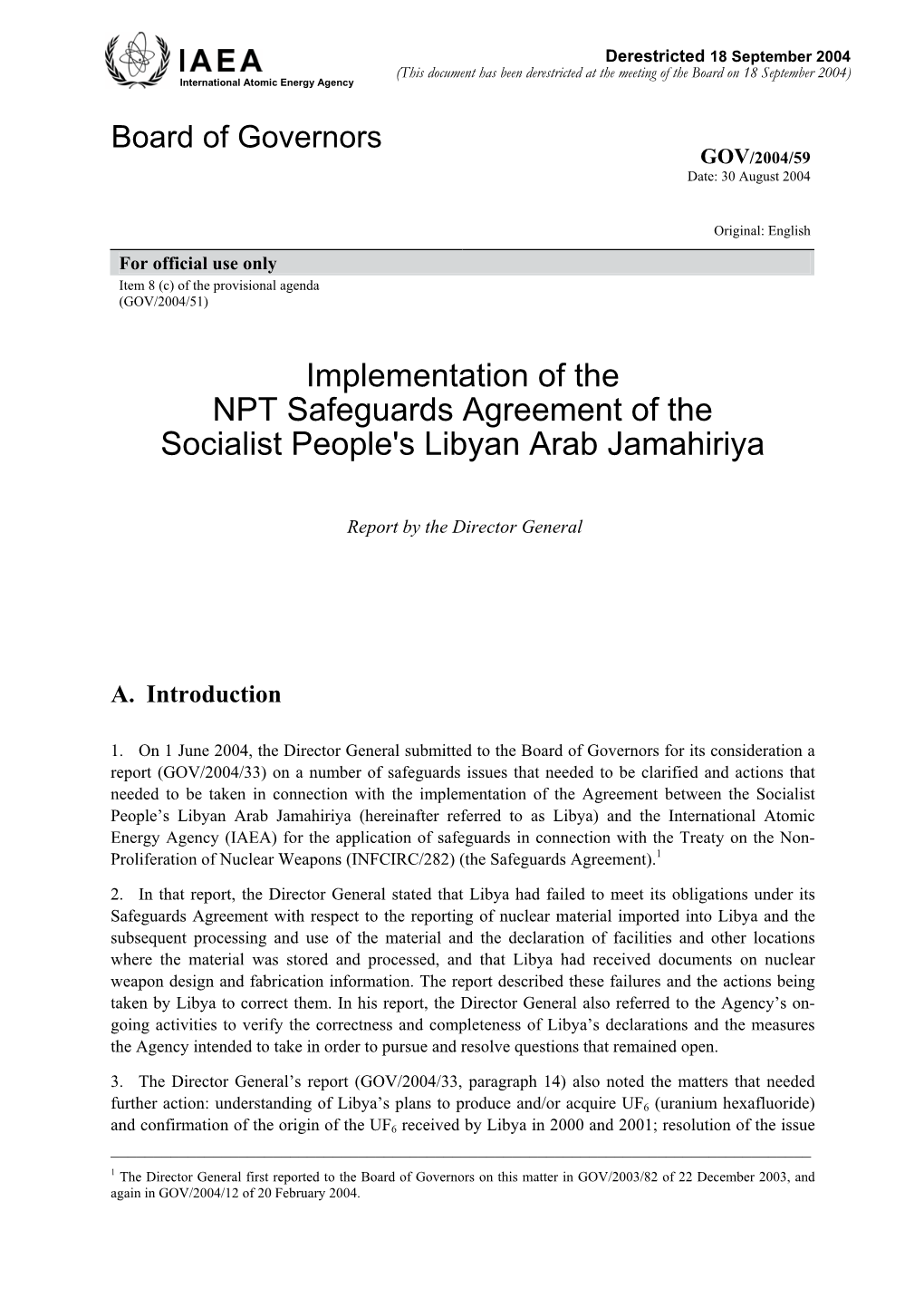 IAEA Report on Libya, 30 August 2004