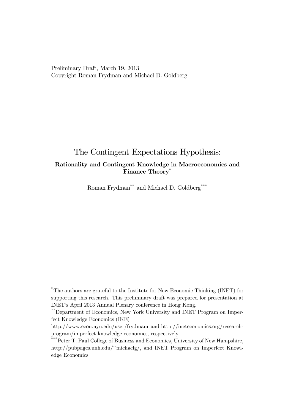 The Contingent Expectations Hypothesis: Rationality and Contingent Knowledge in Macroeconomics and Finance Theory*