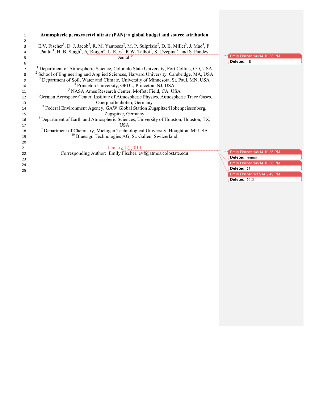 Atmospheric Peroxyacetyl Nitrate (PAN): a Global Budget and Source Attribution 2 1 2 2 2 3 4 3 E.V