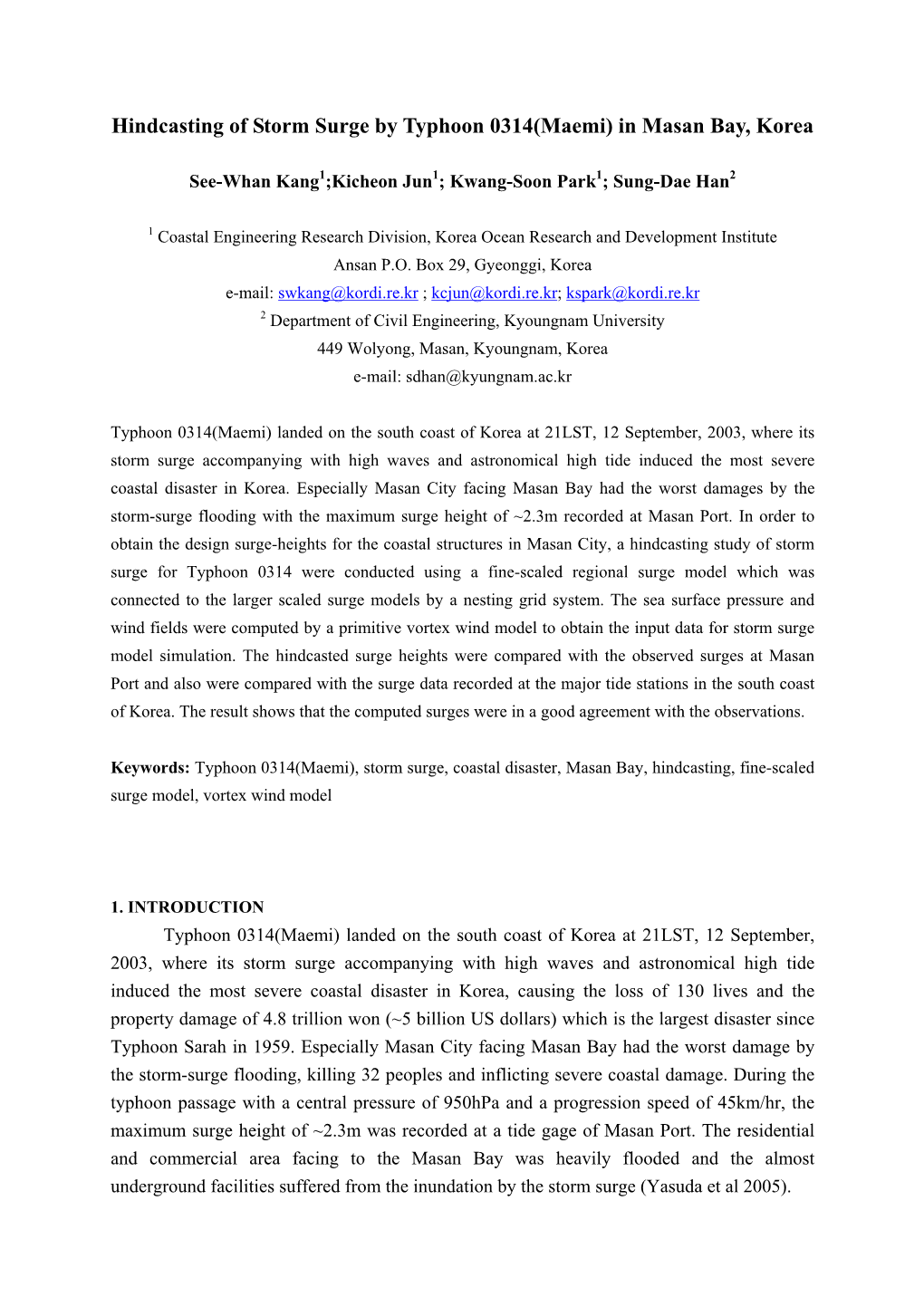 Hindcasting of Storm Surge by Typhoon 0314(Maemi) in Masan Bay, Korea